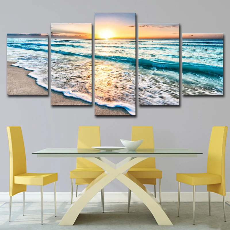 Impression artistique Sunset Beach Wave - Décoration murale sur toile bleu océ pour salle à manger, plusieurs pièces
