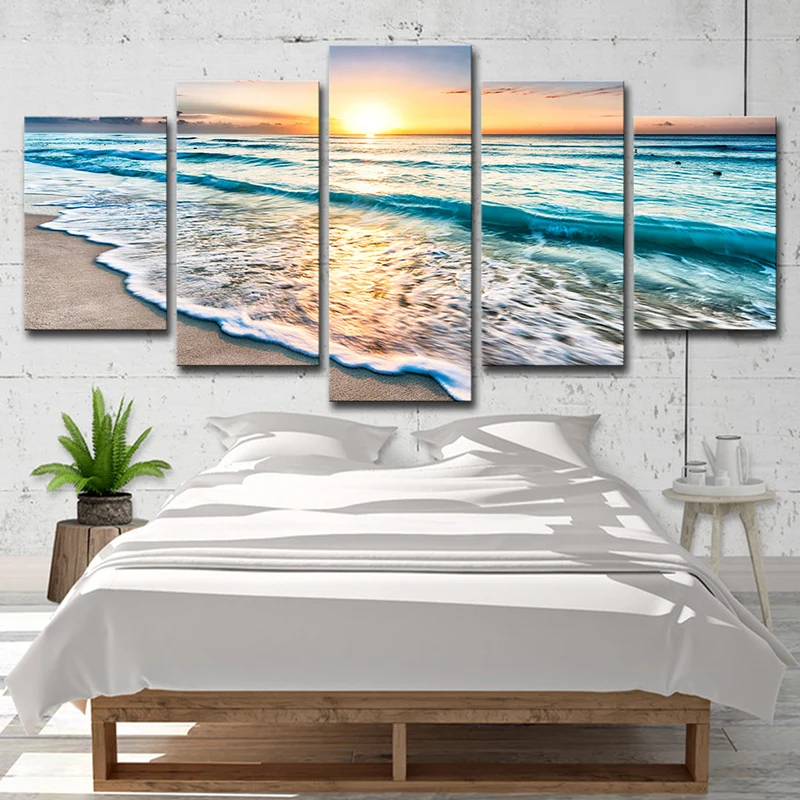 Impression artistique Sunset Beach Wave - Décoration murale sur toile bleu océ pour salle à manger, plusieurs pièces
