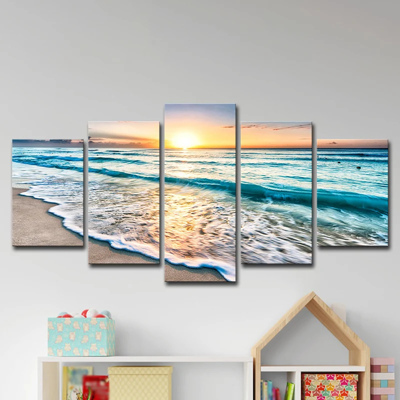 Impression artistique Sunset Beach Wave - Décoration murale sur toile bleu océ pour salle à manger, plusieurs pièces