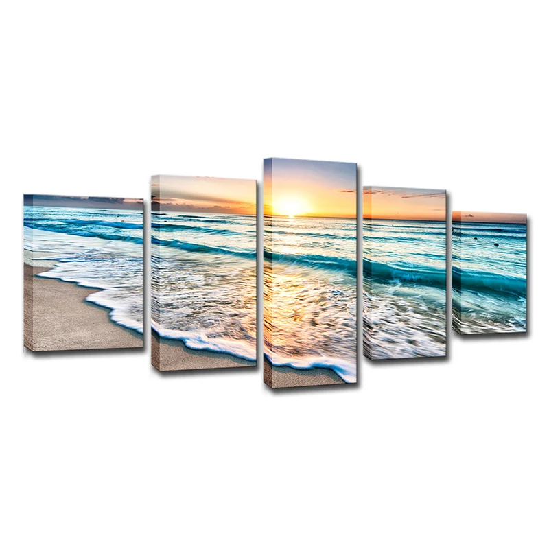 Impression artistique Sunset Beach Wave - Décoration murale sur toile bleu océ pour salle à manger, plusieurs pièces