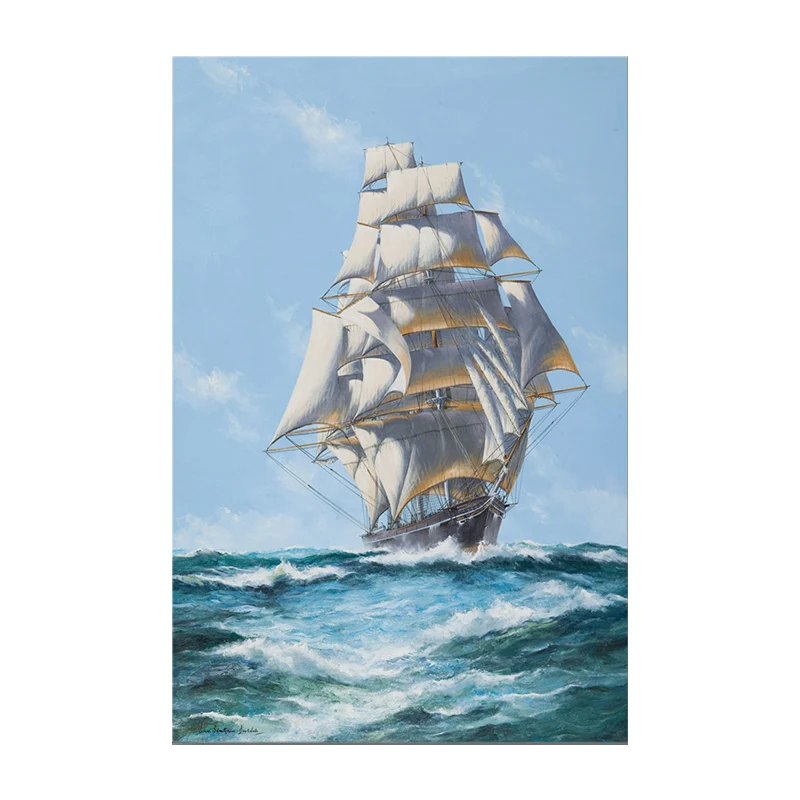 Peinture de navire à voile océanique actuel, art mural texturé bleu et blanc pour couloir