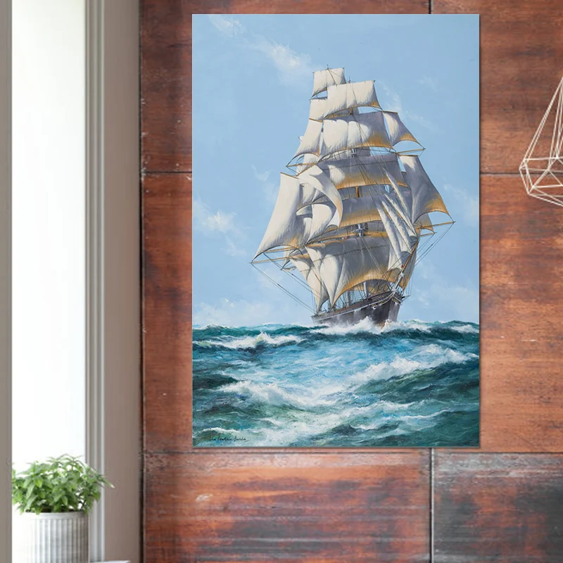 Peinture de navire à voile océanique actuel, art mural texturé bleu et blanc pour couloir