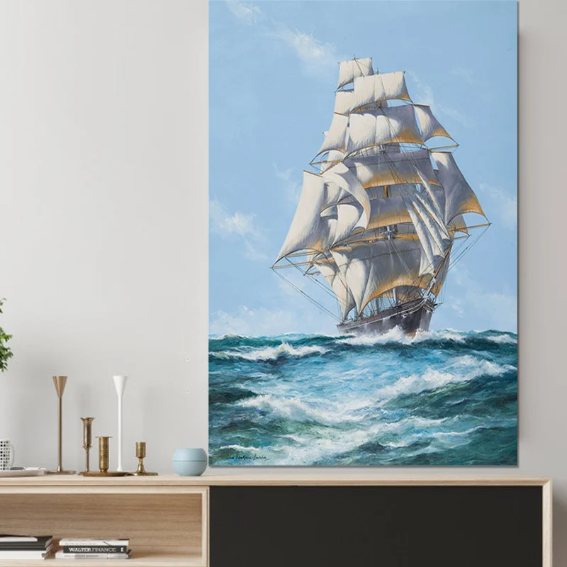 Peinture de navire à voile océanique actuel, art mural texturé bleu et blanc pour couloir