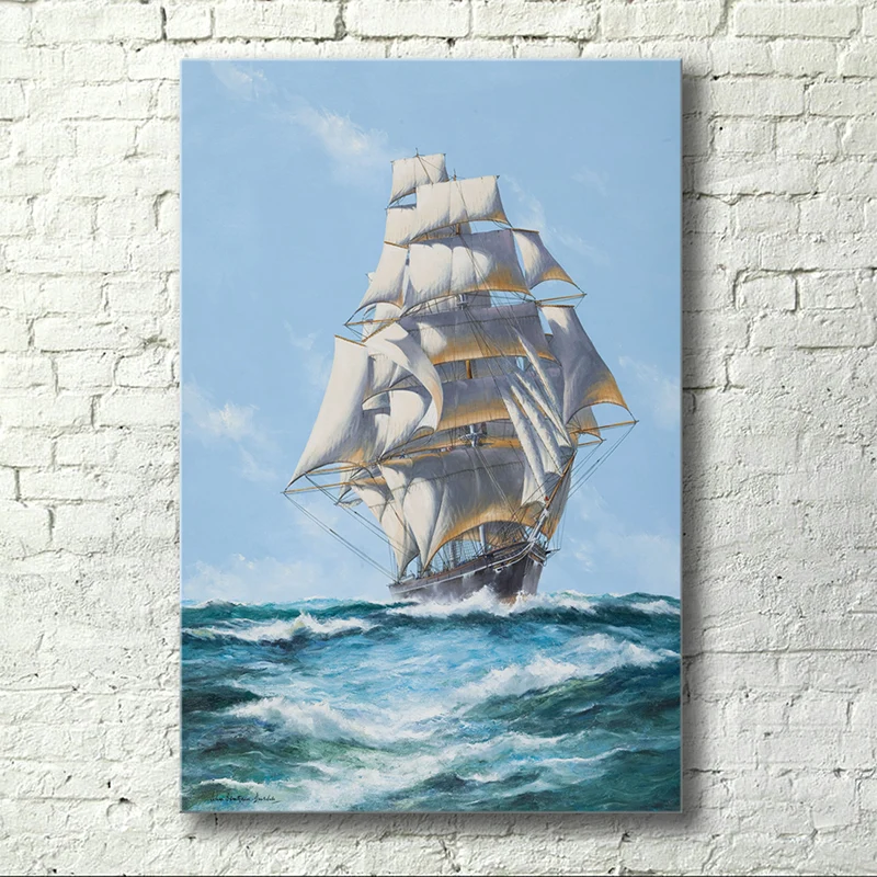 Peinture de navire à voile océanique actuel, art mural texturé bleu et blanc pour couloir