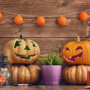 Toile de fond de photo d'Halloween pour les enfants Citrouilles murales en bois DBD-H19034