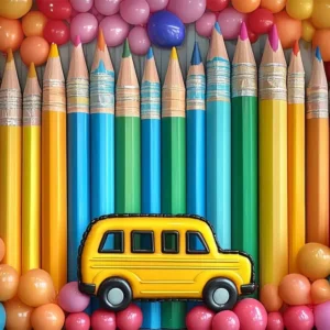 Toile de fond Rentrée des Classes Arc-en-Ciel Crayons Ballons Fête CSH3-65