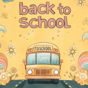 Toile de fond Rentrée des Classes Bus Scolaire Floral Dessiné à la Main CSH3-67