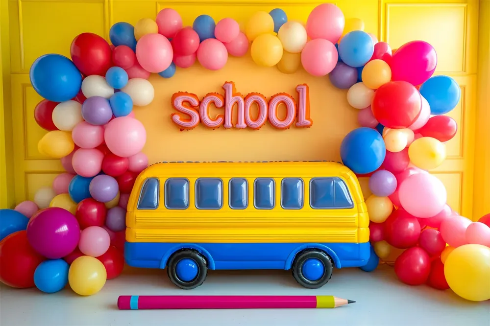 Toile de fond Rentrée des Classes Bus Scolaire Jaune Joyeux CSH3-38