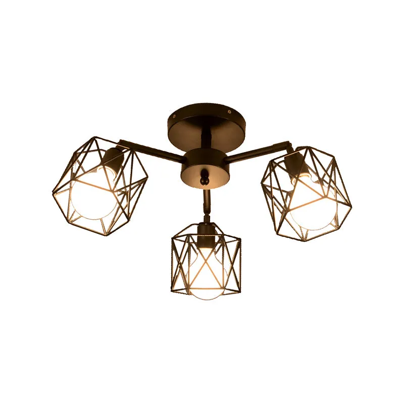 3/5-flammige halbbündige Leuchte mit geometrischem Käfigschirm, industrielle Retro-Wohnzimmer-Deckenlampe aus Eisen Schwarz