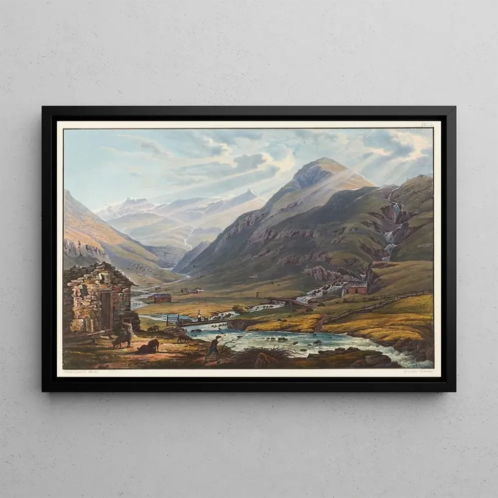 Tableau Vue de la jonction des deux sources du Rhin antérieur, celle du Mont Badus et du Crispalt, prise près de Chiamut -...