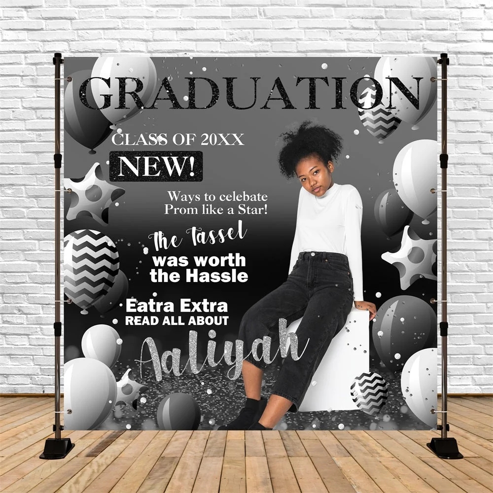 Toile de Fond de Graduation Ballons Noir Blanc Personnalisée BRP5-206