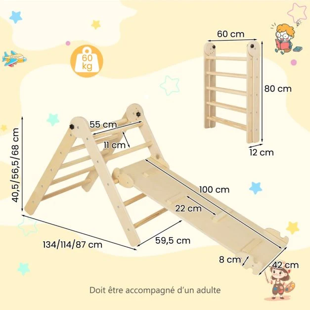 Triangle d’escalade montessori pliable avec rampe deux fois face échelle triangulaire avec hauteur réglable pour 3 ans+ na...