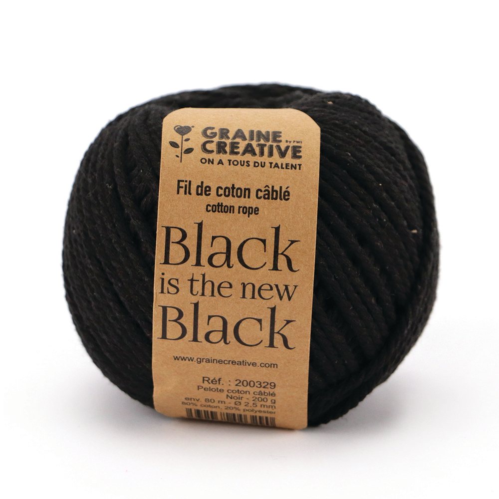 Pelote de coton cable noir ø 2,5 mm - 200 g Graine Creative | Lavable | Sans solvant