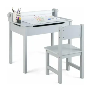 Bureau Enfants avec Tabouret & Plateau Rabattable, Table à Dessin en Pin Polyvalent avec Rouleau de Papier & 2 Mar...