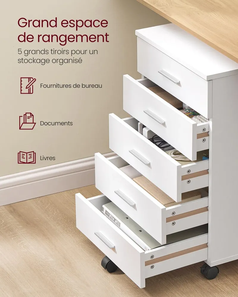 Caisson de bureau à roulettes meuble de rangement 40 x 42 x 65,7 cm support pour imprimante avec 5 tiroirs rails coulissan...