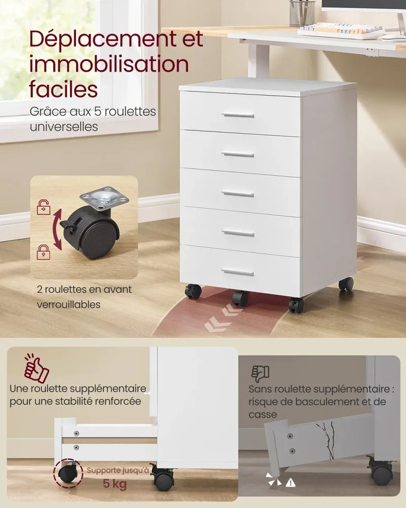 Caisson de bureau à roulettes meuble de rangement 40 x 42 x 65,7 cm support pour imprimante avec 5 tiroirs rails coulissan...