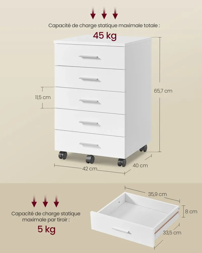Caisson de bureau à roulettes meuble de rangement 40 x 42 x 65,7 cm support pour imprimante avec 5 tiroirs rails coulissan...