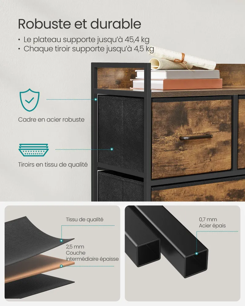Commode en tissu 29 x 98,2 x 70 cm meuble de rangement avec 7 tiroirs à 3 niveaux avec poignées en métal style industriel...