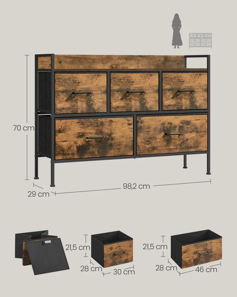 Commode en tissu 29 x 98,2 x 70 cm meuble de rangement avec 7 tiroirs à 3 niveaux avec poignées en métal style industriel...