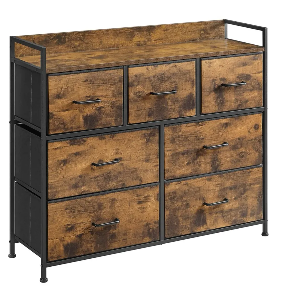 Commode en tissu meuble de rangement avec 7 tiroirs à 3 niveaux avec poignées en métal style industriel marron 2_0005205