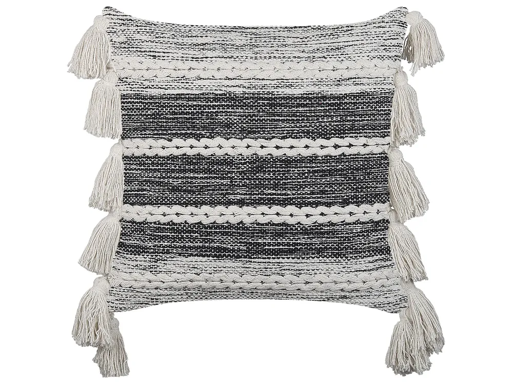 Cotton Cushion Tassels 45 x 45 cm Black and Blanc pur ROCHEA