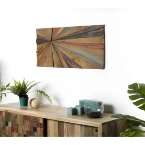 Décoration murale rectangulaire en teck recyclé multicolore 100x45cm