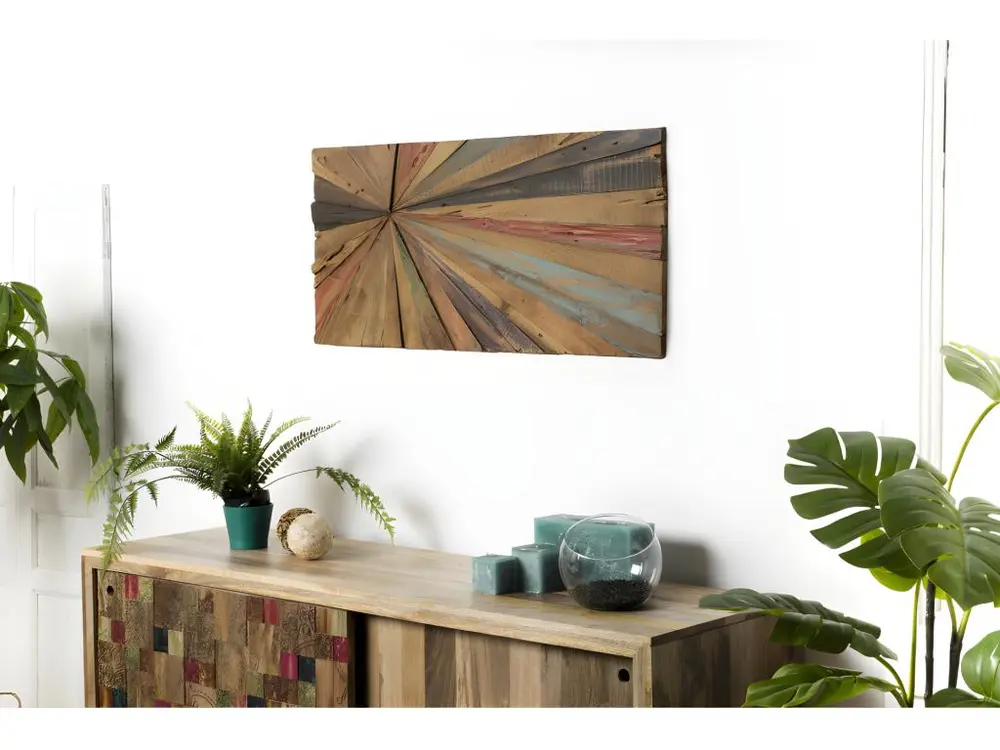 Décoration murale rectangulaire en teck recyclé multicolore 100x45cm