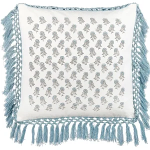Fringed Coton doux Cushion Floral Pattern 45 x 45 cm White and Blue PALLIDA