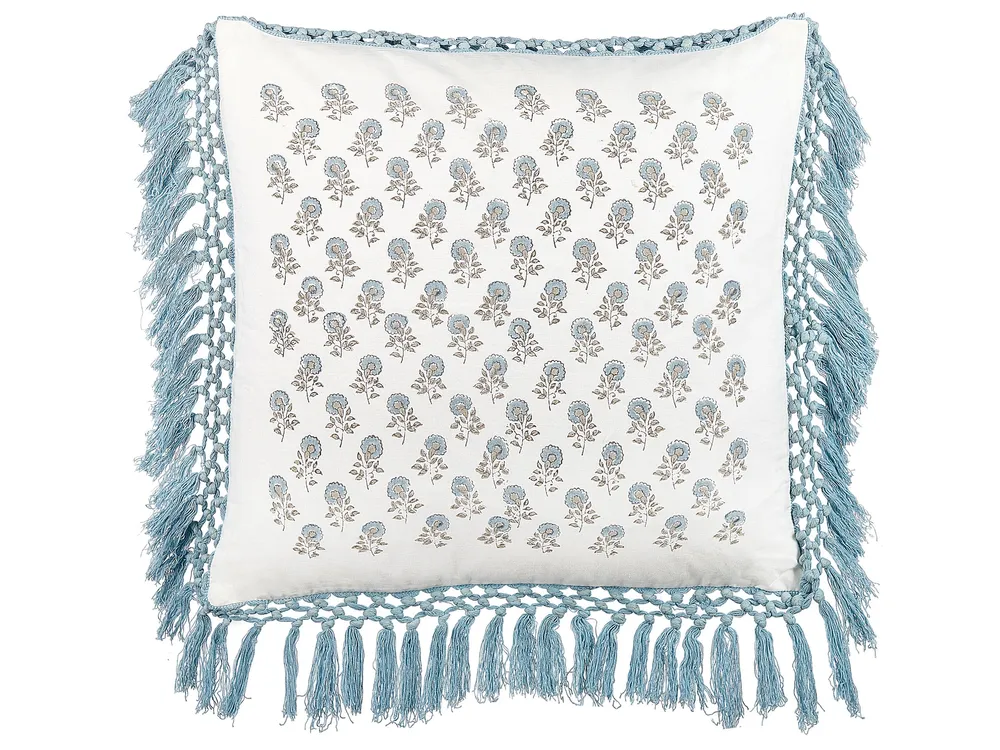 Fringed Coton doux Cushion Floral Pattern 45 x 45 cm White and Blue PALLIDA