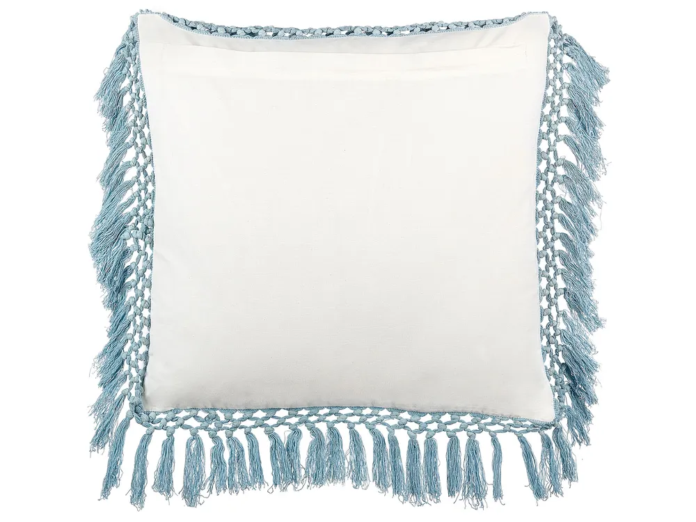 Fringed Coton doux Cushion Floral Pattern 45 x 45 cm White and Blue PALLIDA