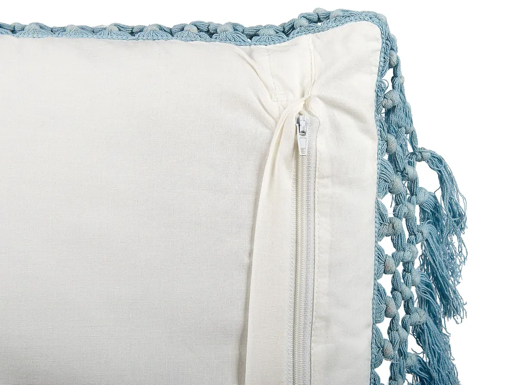 Fringed Coton doux Cushion Floral Pattern 45 x 45 cm White and Blue PALLIDA