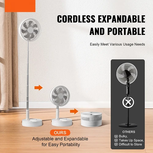 8 Inch Foldable Oscillating Standing Fan Remote Control, 4-Speed Adjustable, Portable Desk Fan, 7200mAh Accumulateur USB