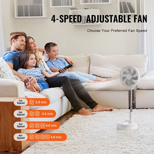 8 Inch Foldable Oscillating Standing Fan Remote Control, 4-Speed Adjustable, Portable Desk Fan, 7200mAh Accumulateur USB
