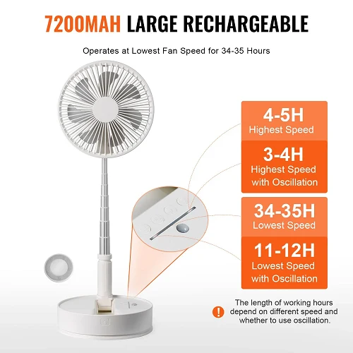 8 Inch Foldable Oscillating Standing Fan Remote Control, 4-Speed Adjustable, Portable Desk Fan, 7200mAh Accumulateur USB