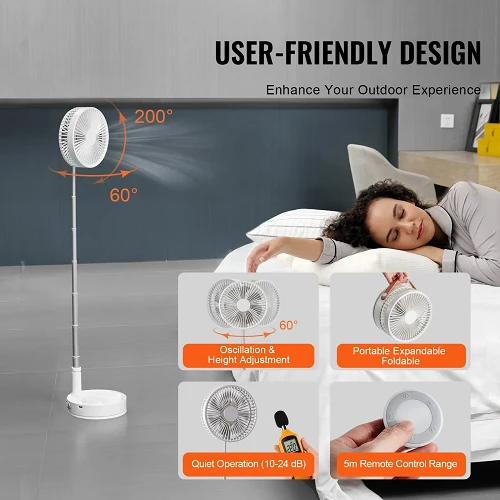 8 Inch Foldable Oscillating Standing Fan Remote Control, 4-Speed Adjustable, Portable Desk Fan, 7200mAh Accumulateur USB