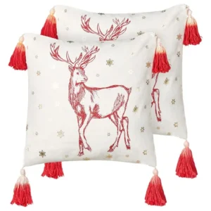 Lot de 2 coussins en coton blanc à motif de cerf rouge 45 x 45 cm VALLOTA