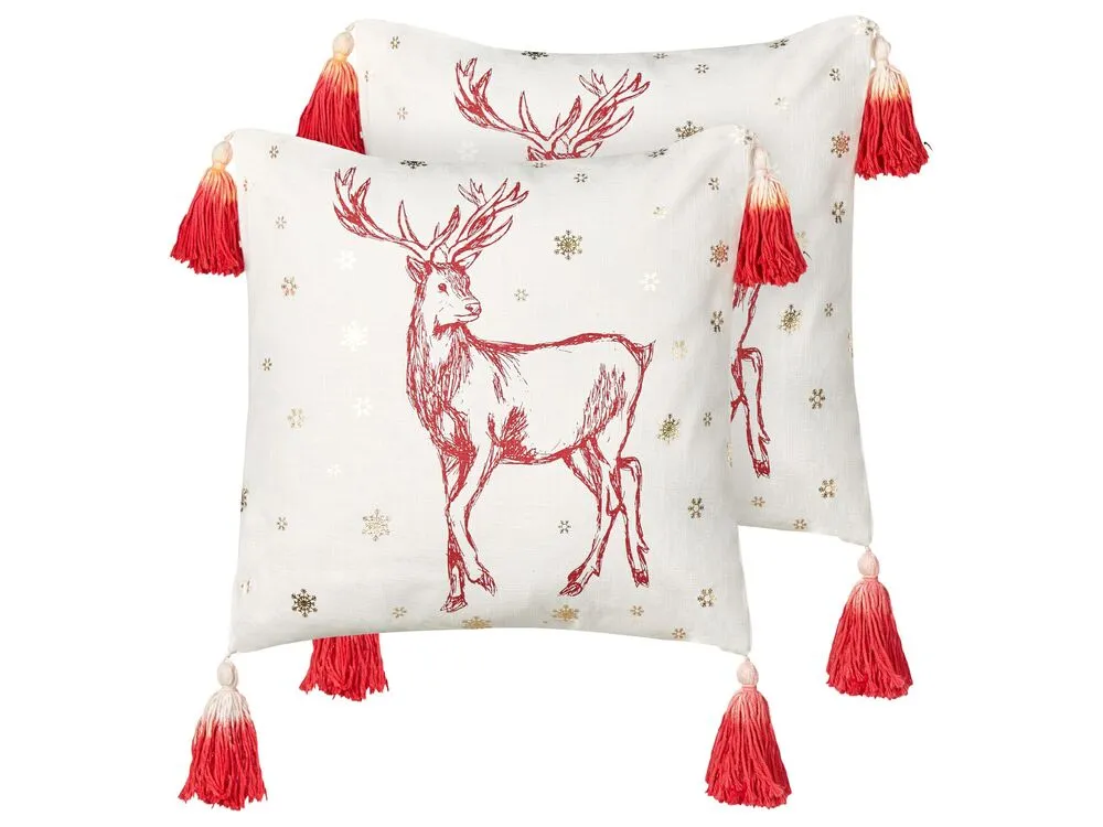 Lot de 2 coussins en coton blanc à motif de cerf rouge 45 x 45 cm VALLOTA