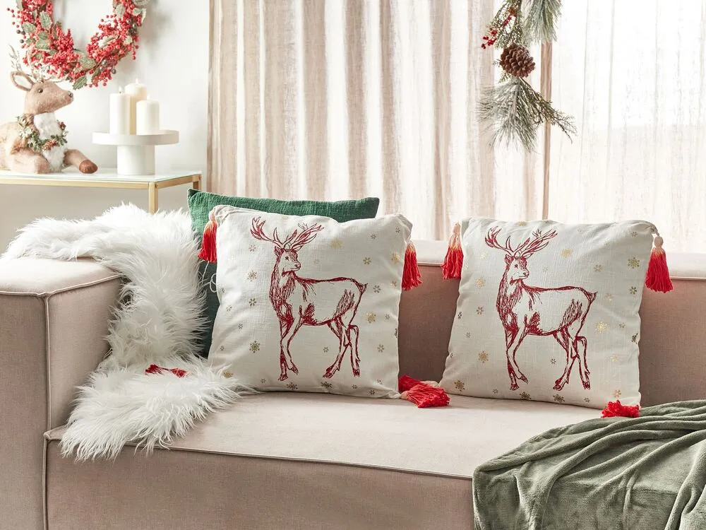 Lot de 2 coussins en coton blanc à motif de cerf rouge 45 x 45 cm VALLOTA