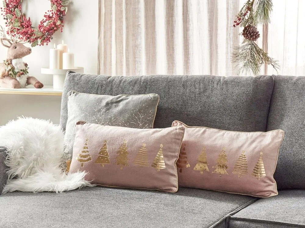 Lot de 2 coussins en velours rose à imprimés d'arbres de Noël 30 x 50 cm ALSOBIA