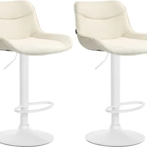 Lot de 2 tabourets de bar pivotant forme ergonomique surpiqûres décoratives en tissu crème cadre en métal blanc 10_0006004