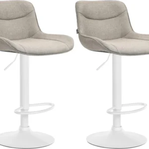 Lot de 2 tabourets de bar pivotant forme ergonomique surpiqûres décoratives en tissu taupe cadre en métal blanc 10_0005995