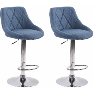 Lot de 2 tabourets de bar pivotant hauteur réglable en tissu bleu surpiqûres décoratives cadre en métal chromé 10_0006643