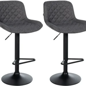 Lot de 2 tabourets de bar repose-pieds hauteur réglable en tissu noir coutures losange cadre métal noir 10_0006208