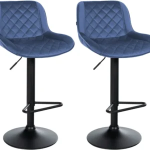 Lot de 2 tabourets de bar repose-pieds hauteur réglable en velours bleu coutures losange cadre métal noir 10_0006066