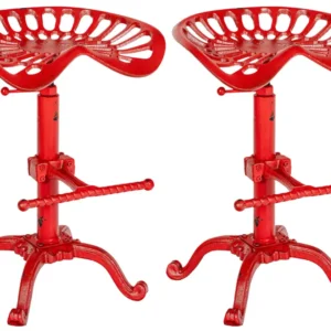 Lot de 2 tabourets industriel d'époque en métal rouge vieilli avec repose-pieds - Charme et caractère 10_0006869