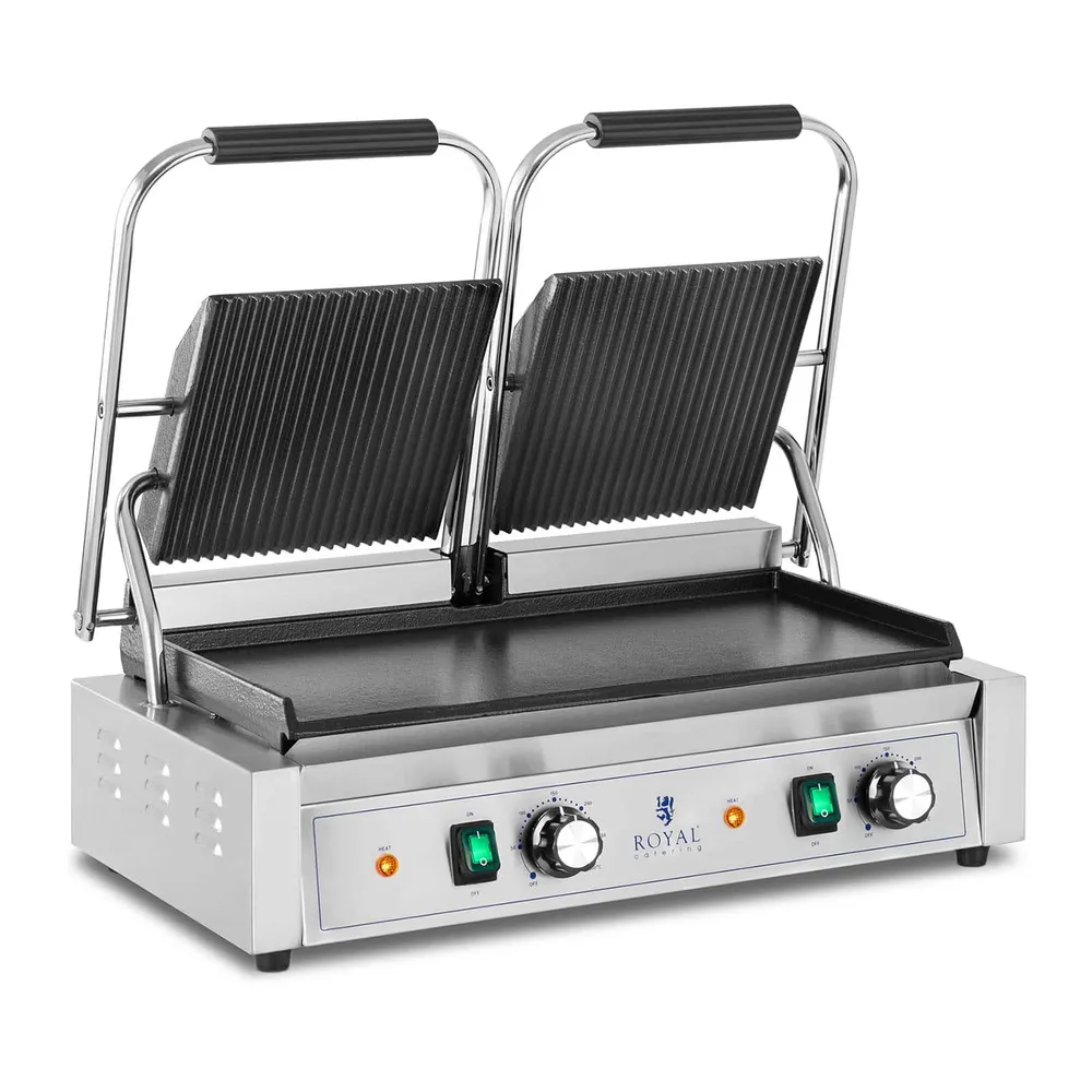Machine à panini dupliqué appareil toaster rainurée + lisse 3600 watts 50 - 300 °C avec collecteur de graisse inox fonte d...