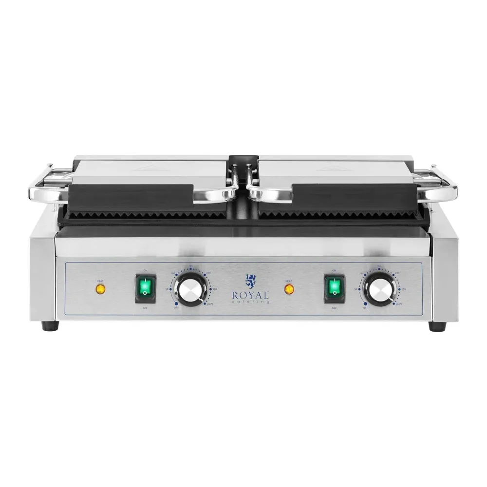Machine à panini dupliqué appareil toaster rainurée + lisse 3600 watts 50 - 300 °C avec collecteur de graisse inox fonte d...