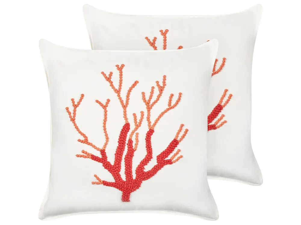Set 2 En coton Cushions Coral Motif 45 x 45 cm White CORALIUM