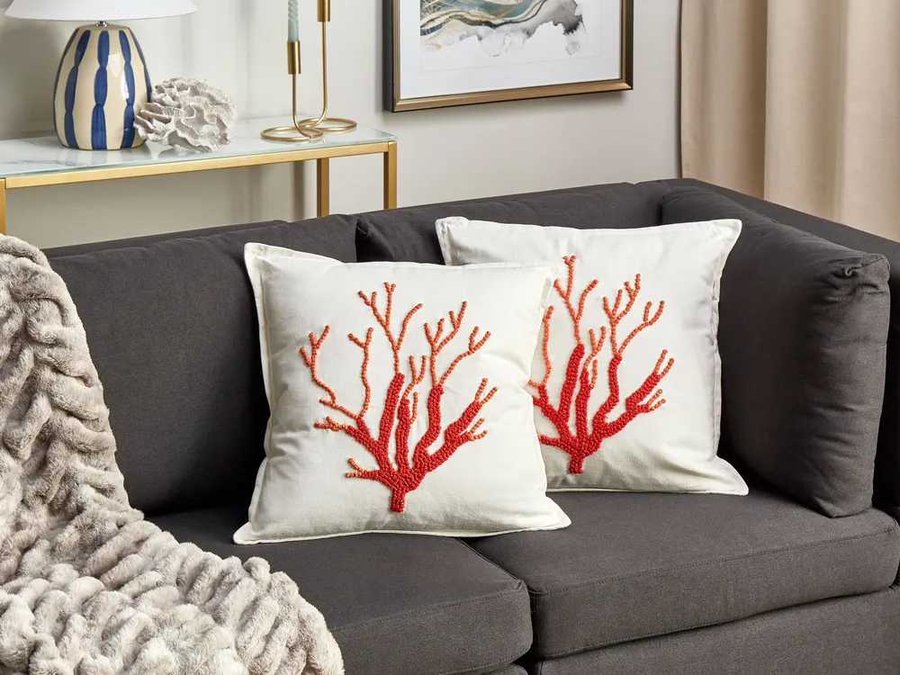 Set 2 En coton Cushions Coral Motif 45 x 45 cm White CORALIUM