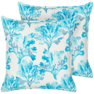 Set 2 Coton doux Cushions Coral Motif 45 x 45 cm White and Blue ROCKWEED